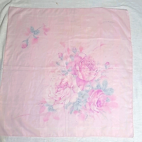 Square Scarf Pink Tea Rose Floral print 30 x 30 white purple green Lightweight - Picture 2 of 5
